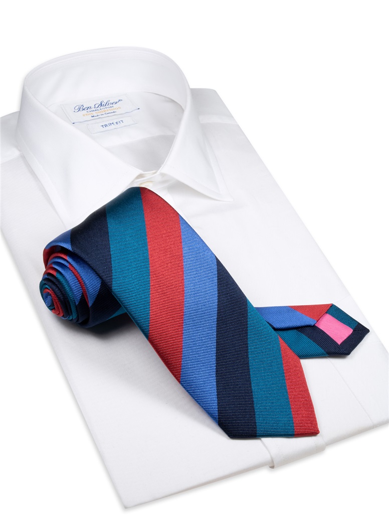 Silk Block Stripe Tie in Jade, Red, Cornflower and Navy