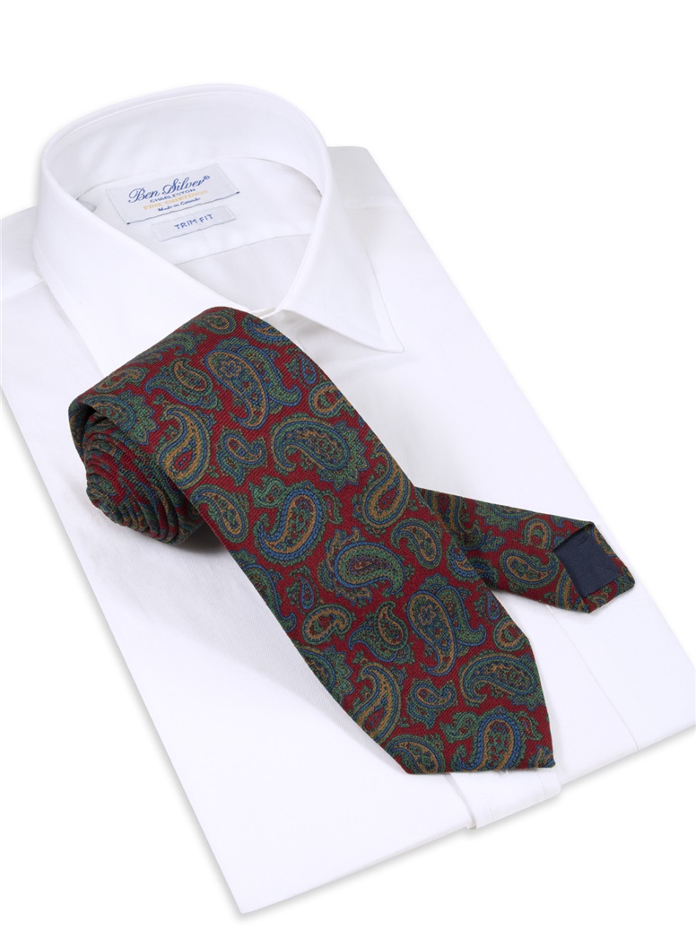 Wool Paisley Printed Tie in Cranberry