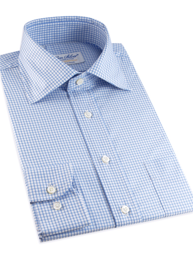 Light Blue & White Grid Check Twill Spread Collar