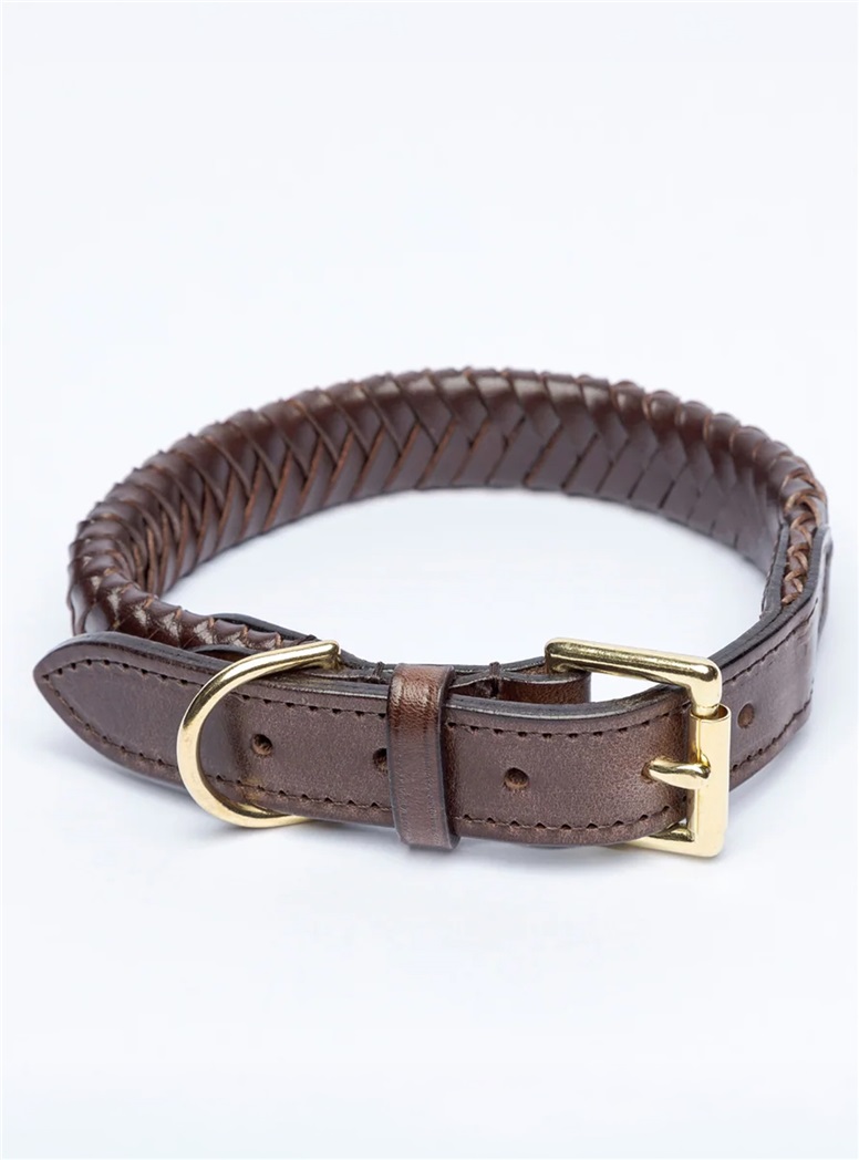 Plaited Leather Dog Collar in Dark Brown