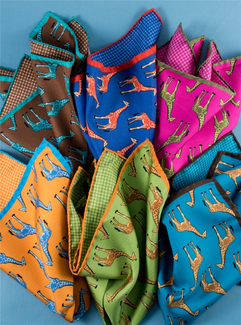 Silk Giraffe & Gingham Reversible Pocket Squares