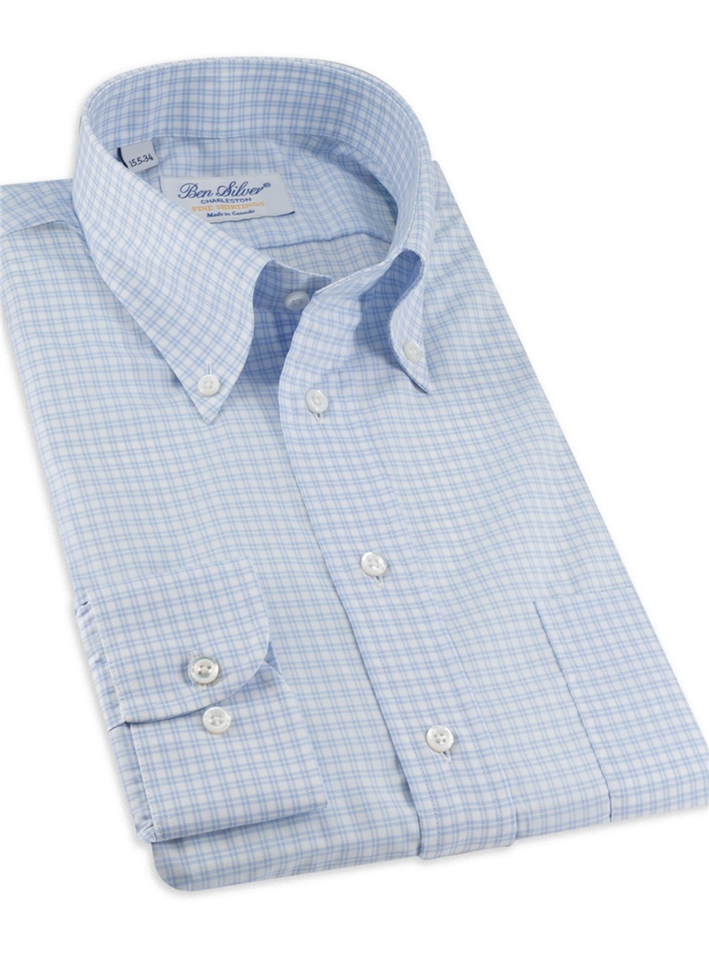 Sky and White Windowpane Button Down