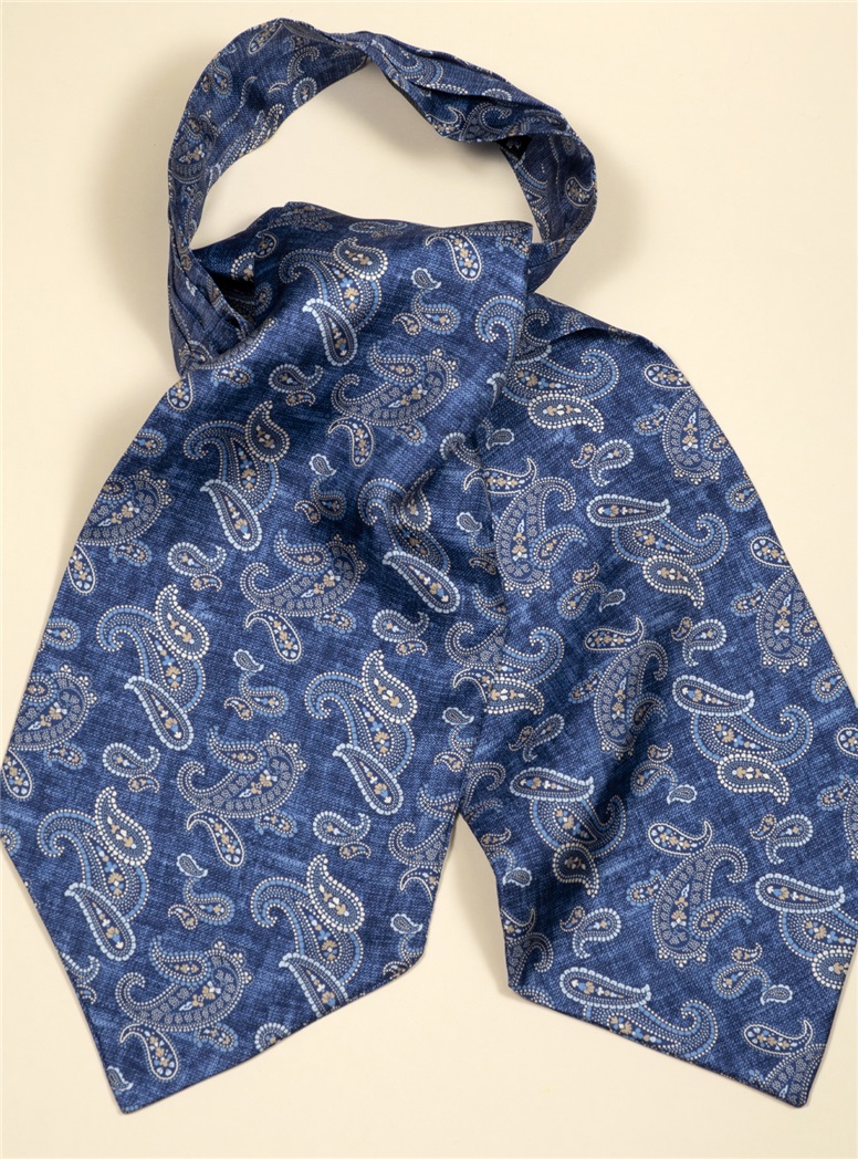 Silk Paisley Printed Ascot in Denim