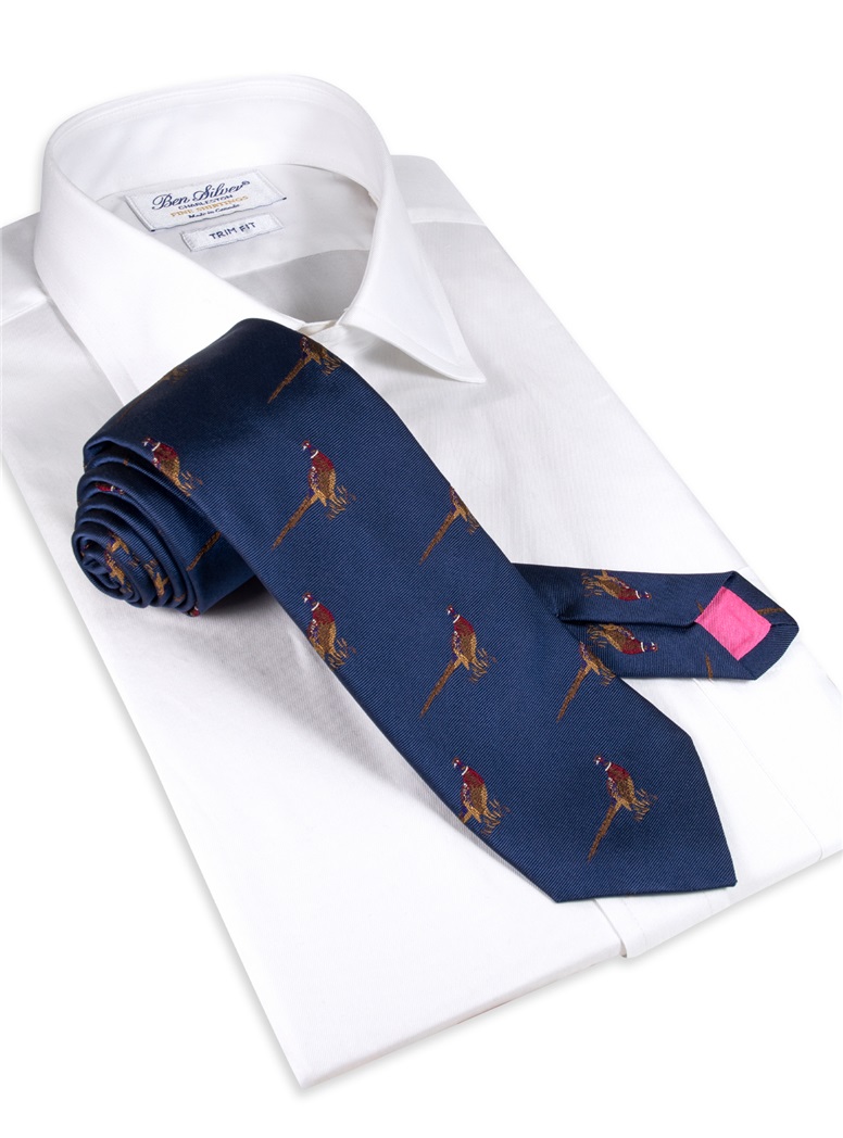 Jacquard Woven Pheasant Motif Tie in French Blue