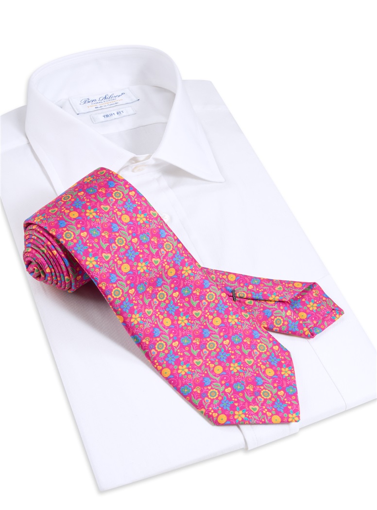 Silk Floral Printed Tie in Fuchsia