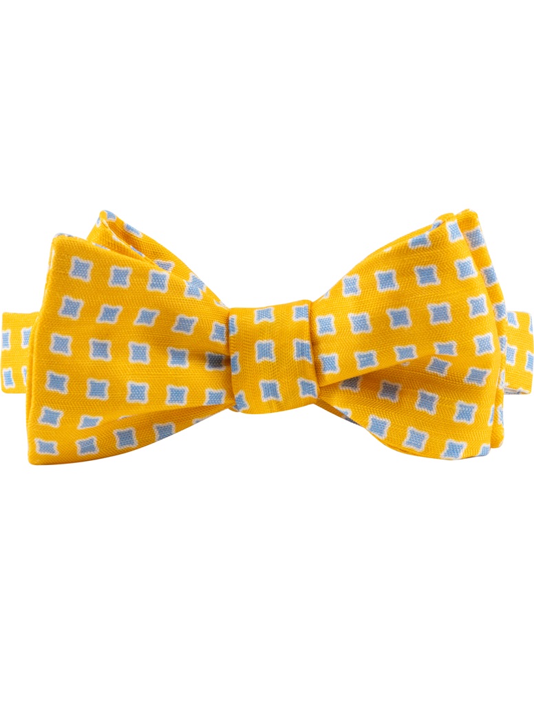 Silk and Linen Diamond Printed Bow Tie in Lemon