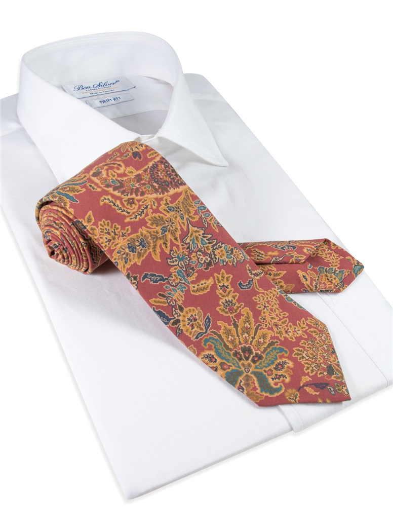 Silk Floral Printed Tie in Rust