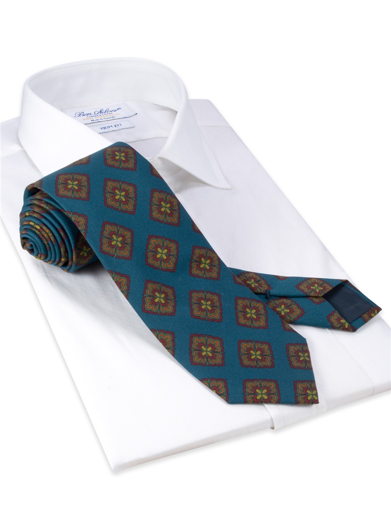 Silk Medallion Printed Tie in Deep Blue