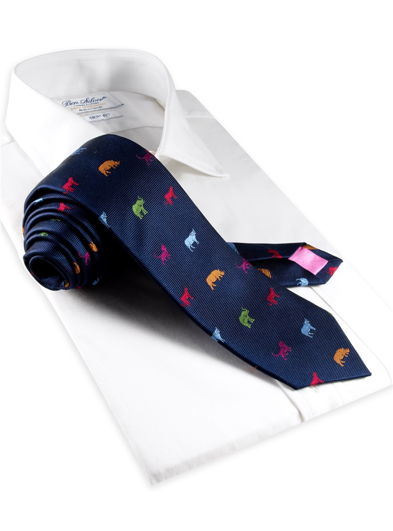 Silk Woven Animal Motif Tie in Navy