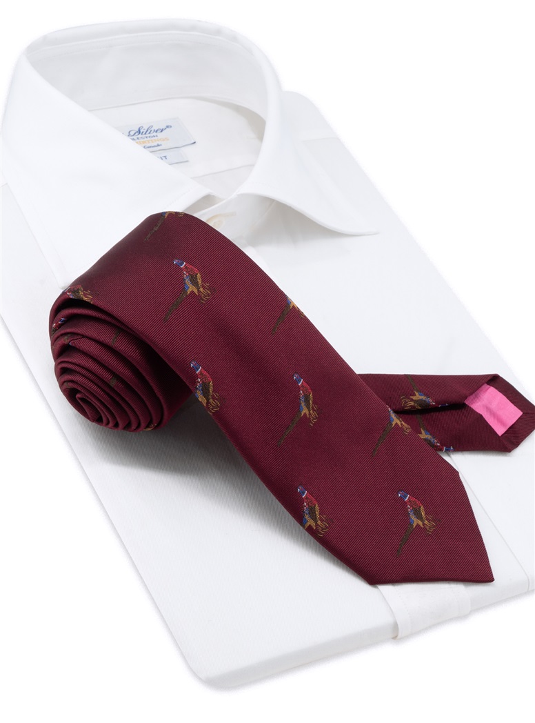 Silk Woven Pheasant Motif Tie Wine