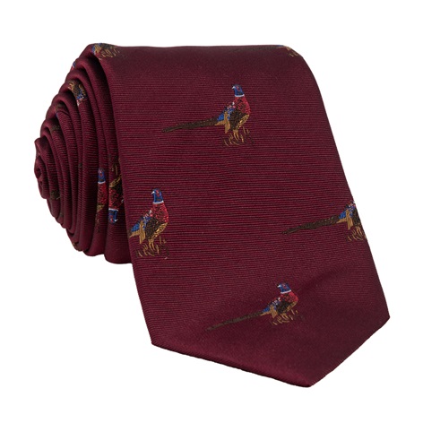 Silk Woven Pheasant Motif Tie Wine
