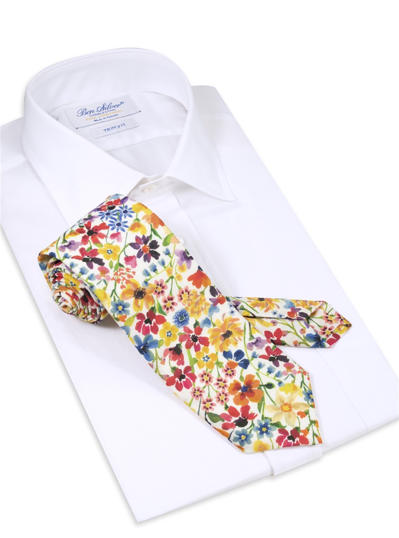 Cotton Floral Printed Tie in Ivory