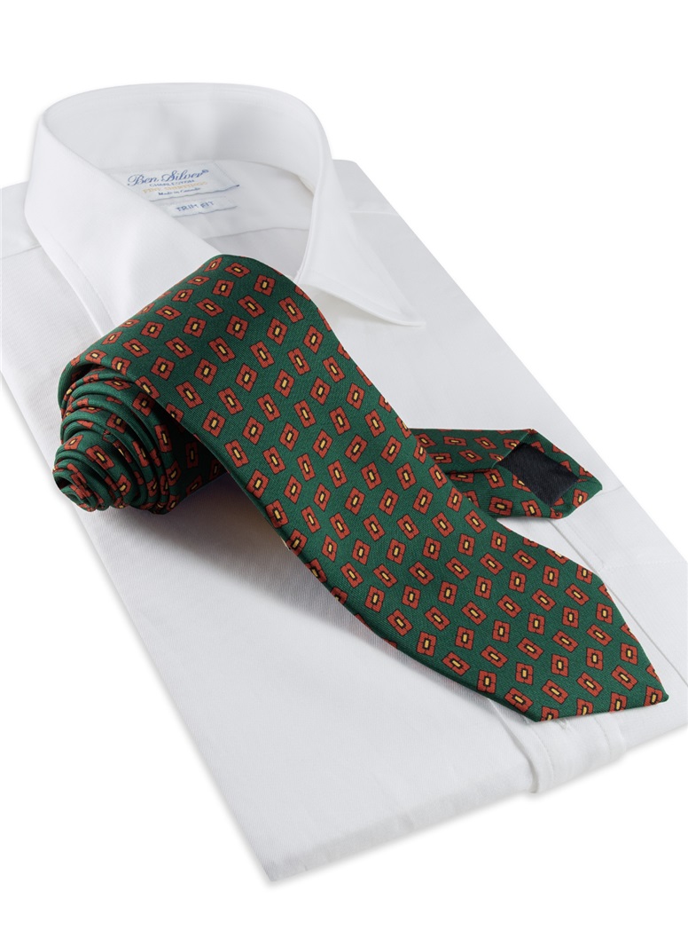 Silk Madder Print Tie with Tossed Square Motif in Forest