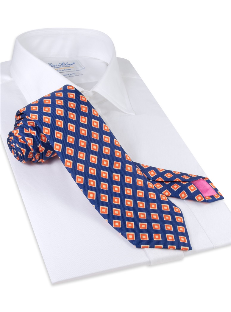 Silk Print Diamond Motif Tie in Navy