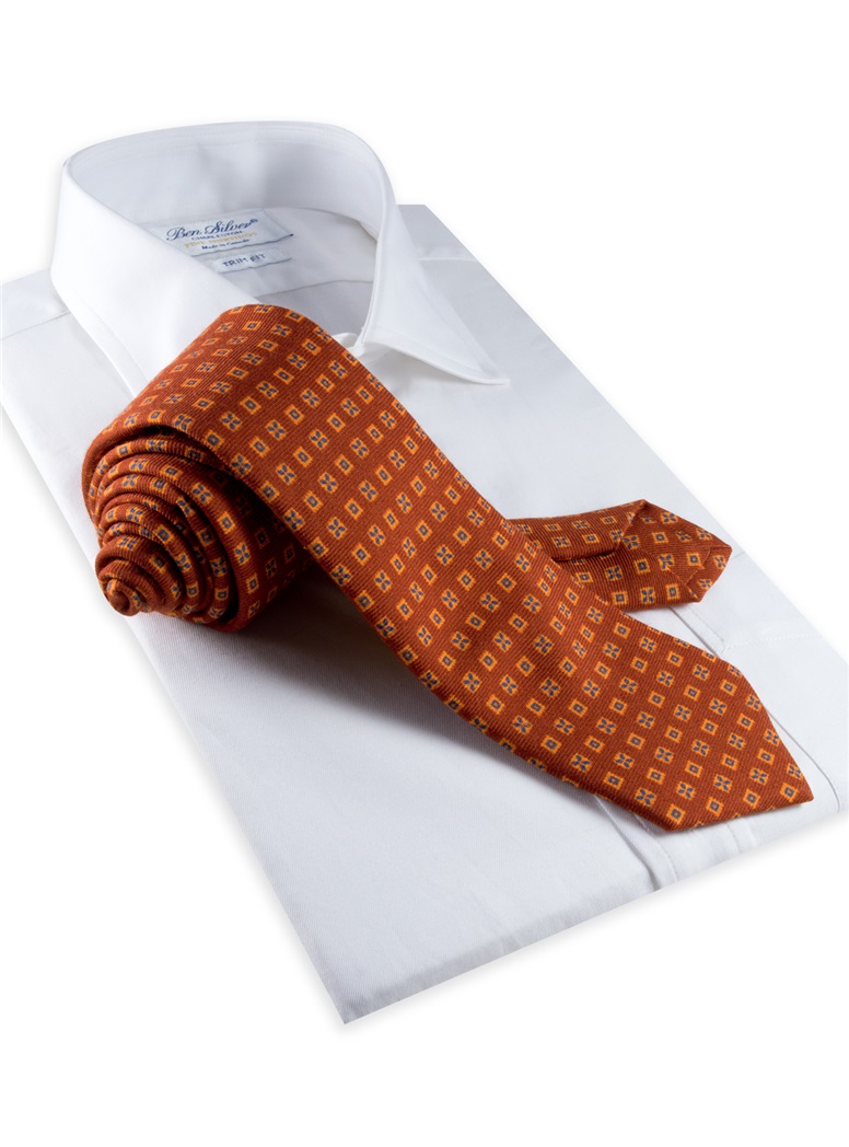 Wool & Silk Printed Neat Tie in Rust