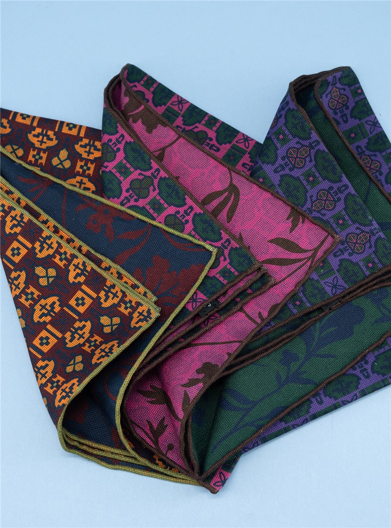 Neat Print and Floral Reversible Silk Pocket Square