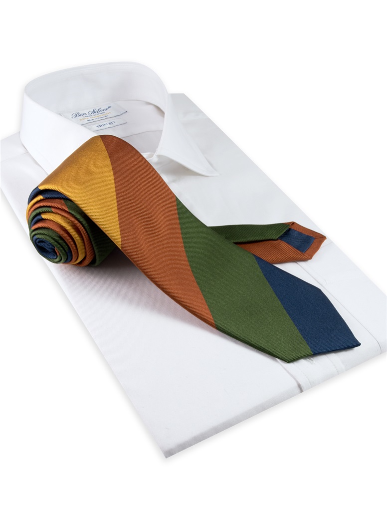 Silk Block Stripe Tie in Spice, Gold, French Blue and Fern