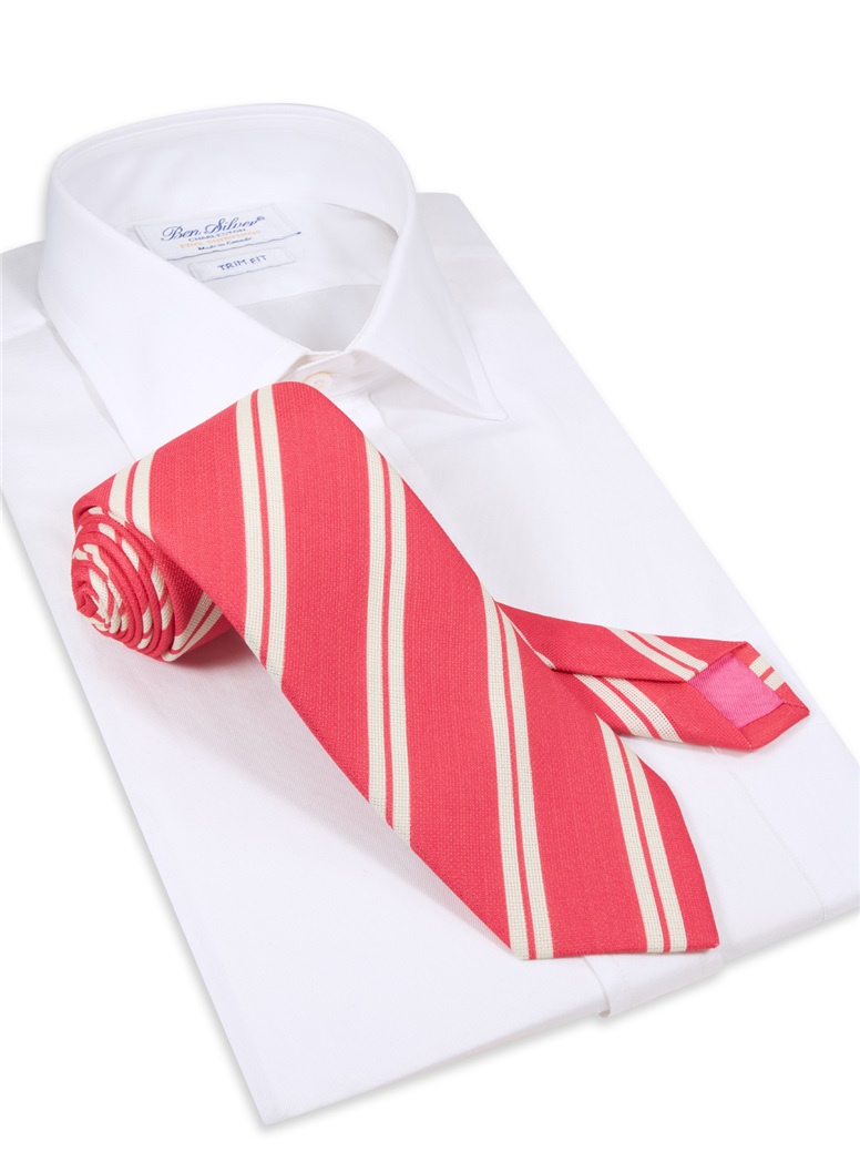 Silk Panama Weave Striped Tie in Strawberry