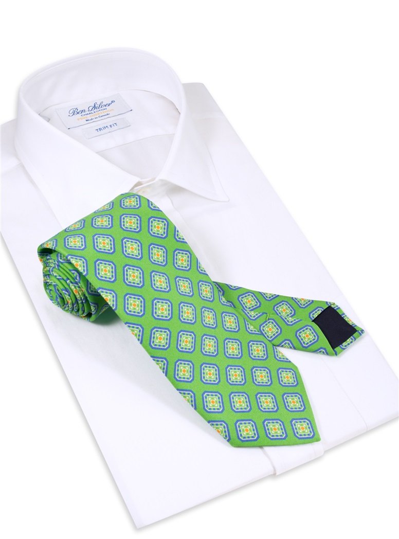 Silk Diamond Motif Printed Tie in Grass