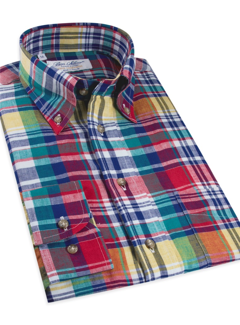 Fire, Regal Blue, and Butter Plaid Button Down in Linen