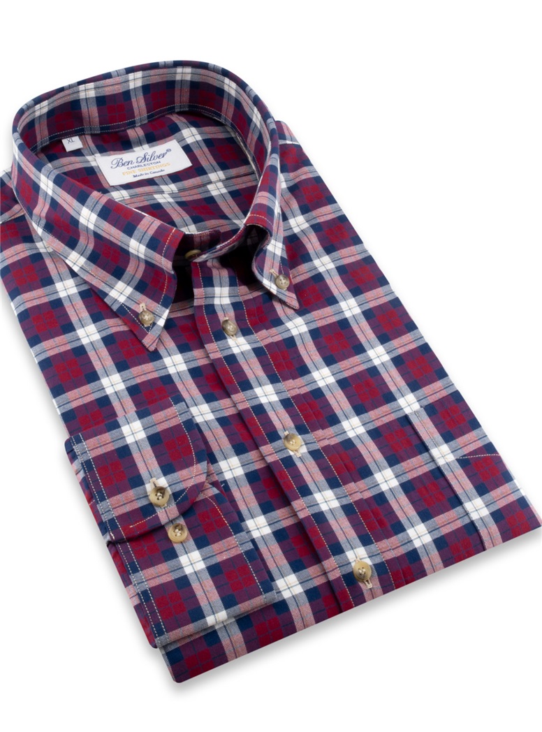 Cherry, Navy, and White Plaid Button Down