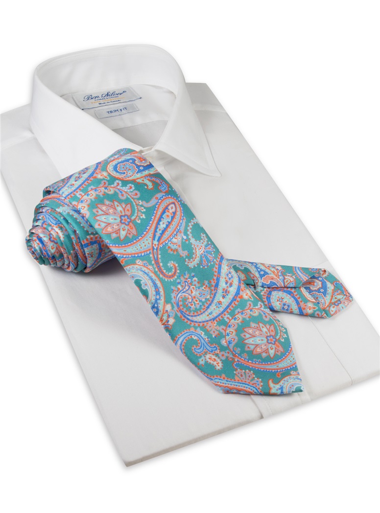 Silk Paisley Printed Tie in Teal