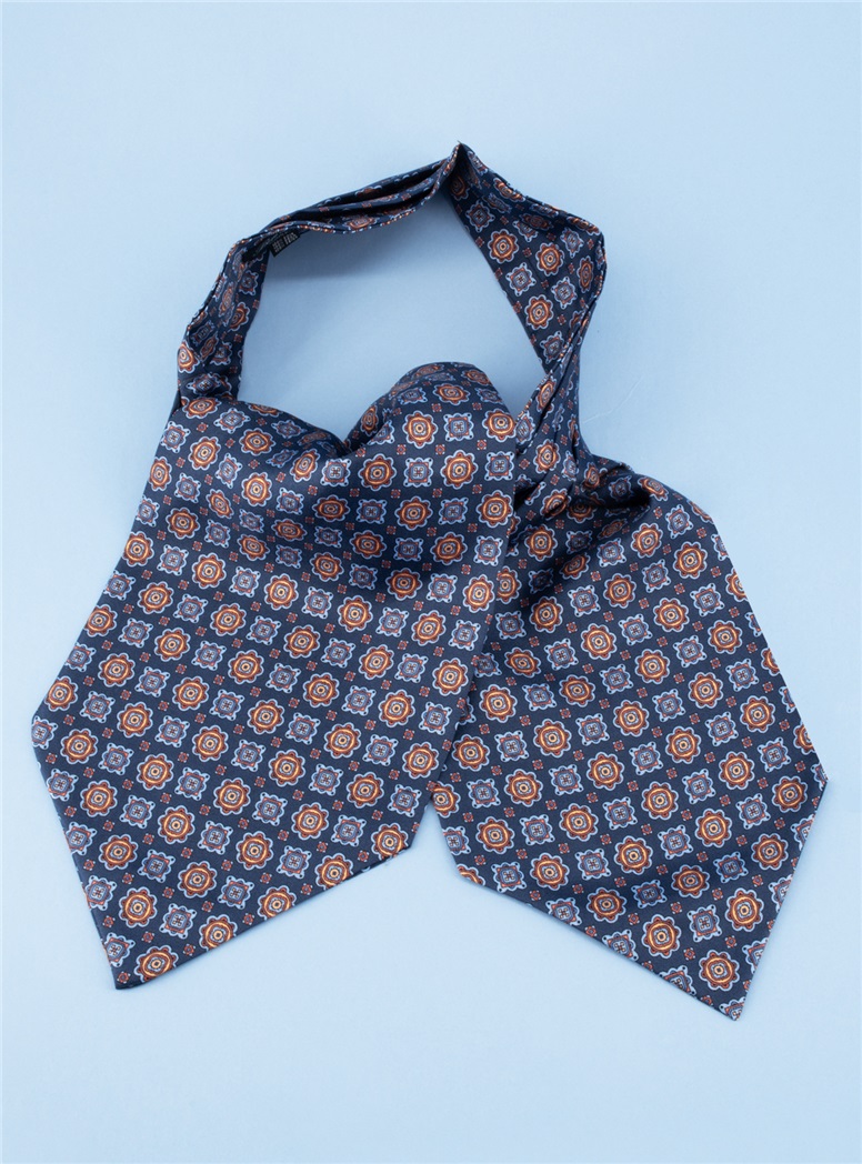 Silk Printed Medallion Motif Ascot in Navy