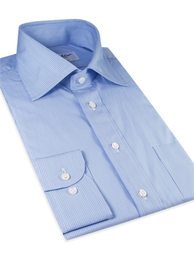 Sky, Navy and White Thin Stripe Spread Collar