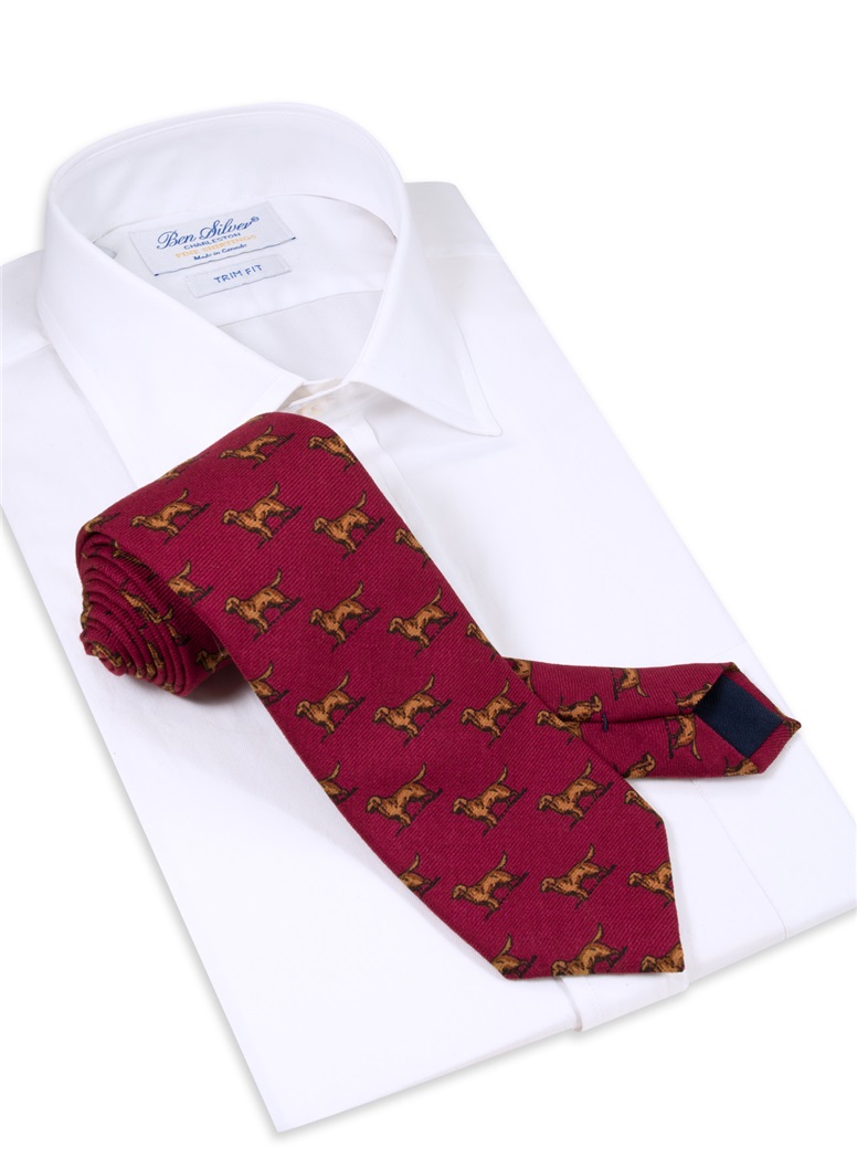 Wool Printed Golden Retriever Tie in Cranberry